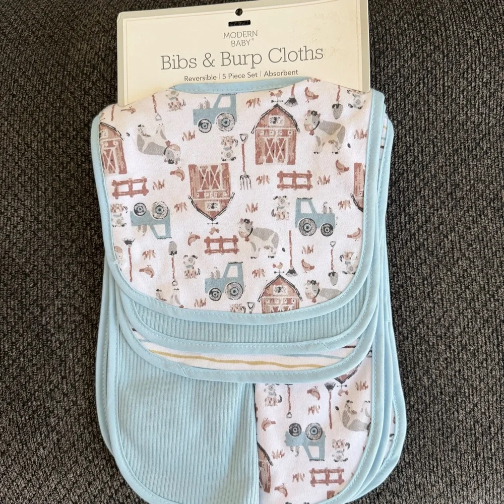 Modern Baby 3 bibs and 2 burp cloths - tractor/barn/cow print
